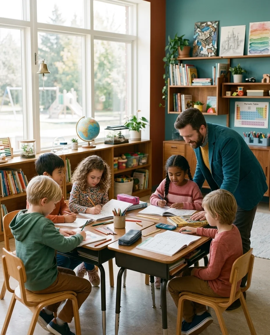 Teacher assisting a young student writing in a workbook