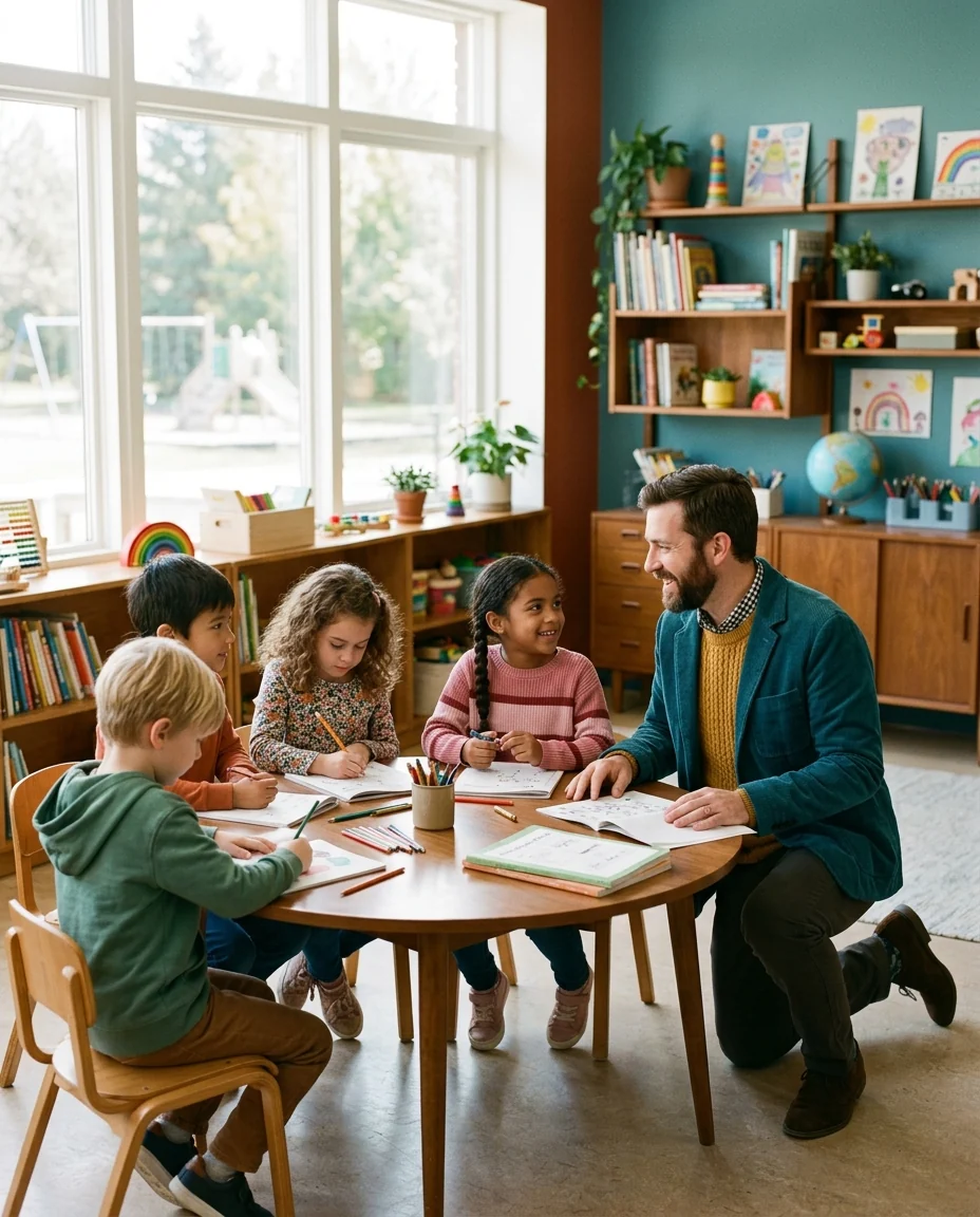 Teacher interacting with young children at a round wooden table