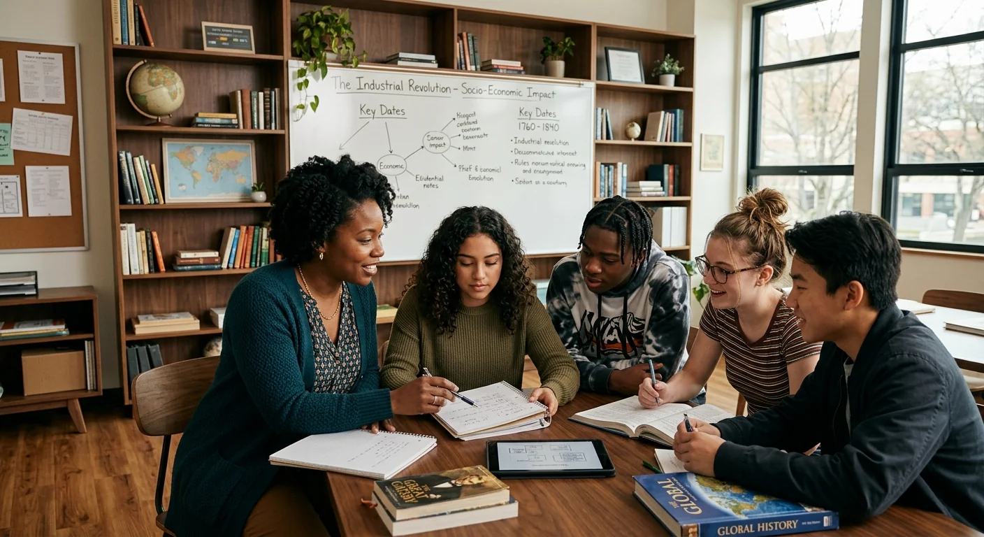 Instructor engaging with students in a well-lit classroom study session