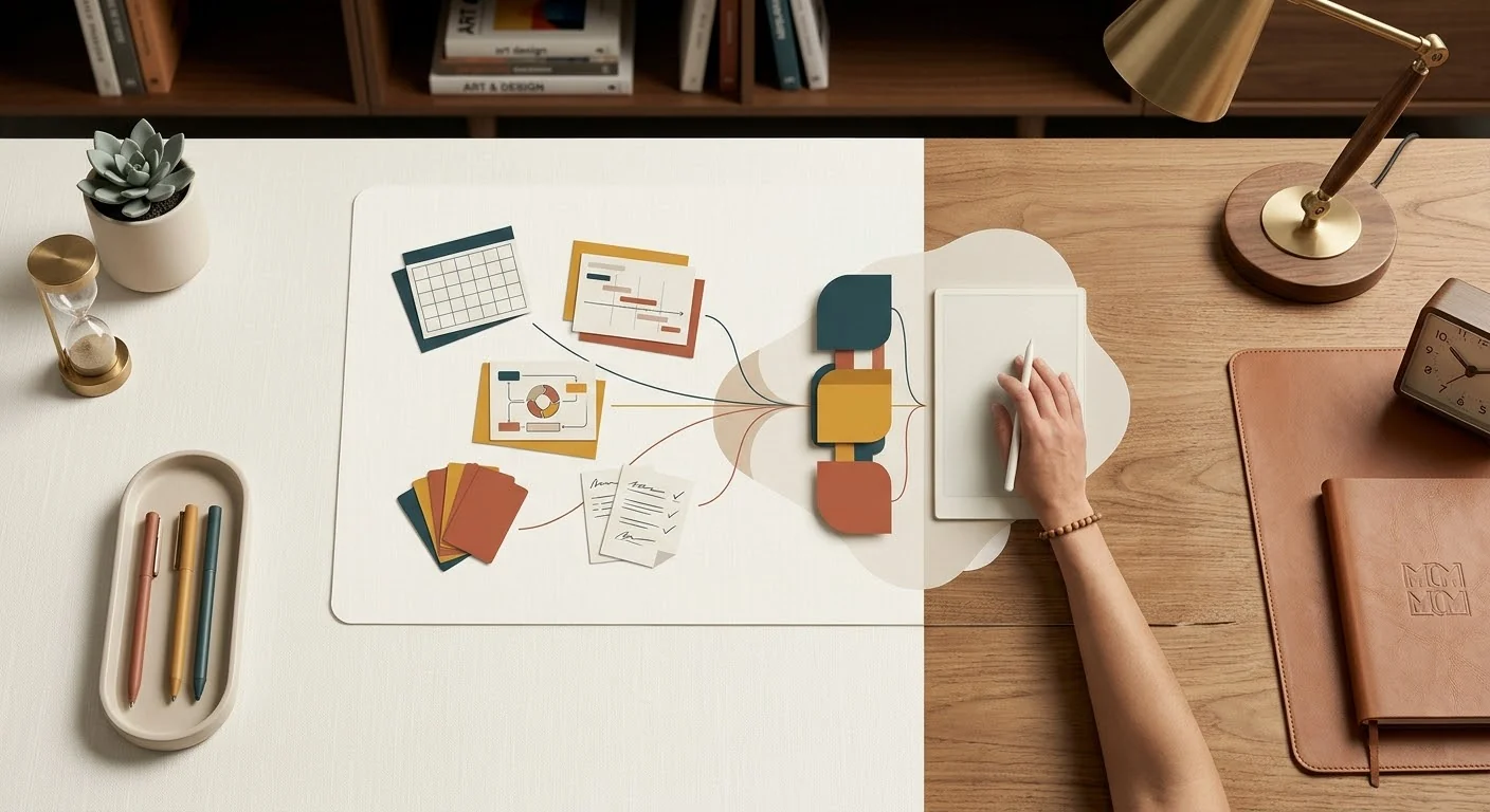 Styled desk setup with digital tablet and workflow diagram